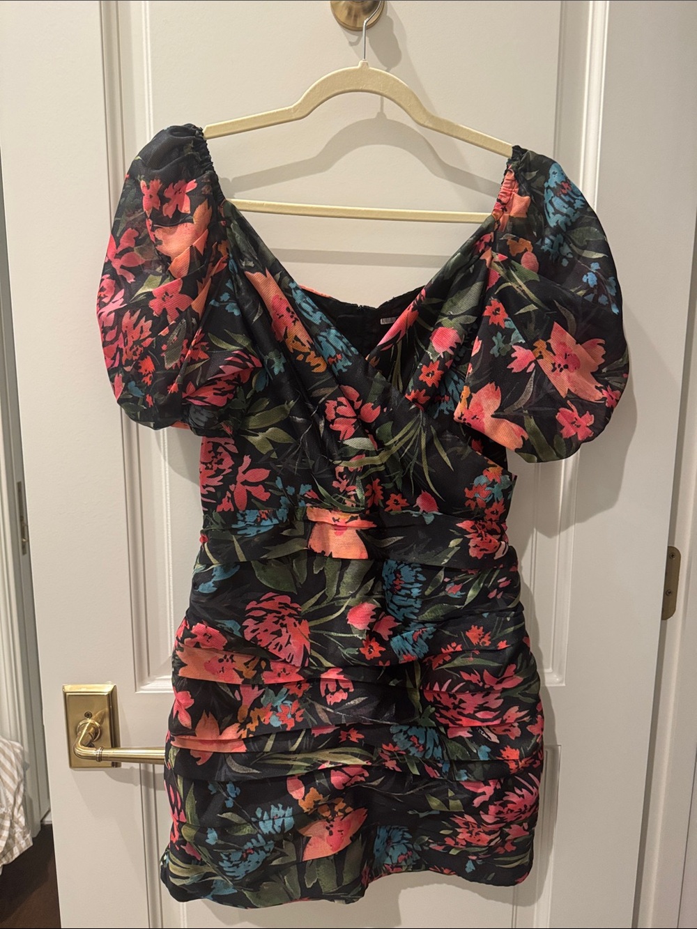 C/MEO Collective Black Floral Puff-Sleeve Ruched Mini - Coral & Teal
